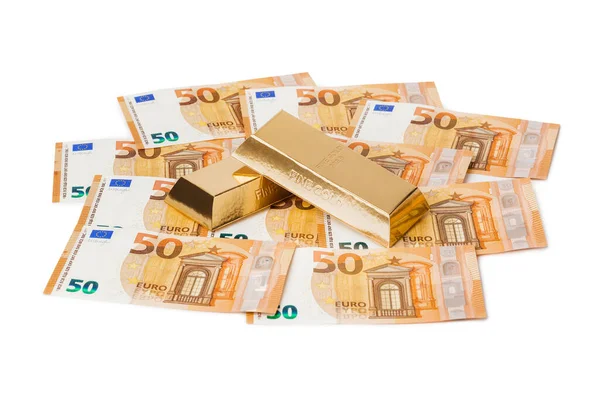 Gold Und Eurogeld Isoliert Auf Weißem Hintergrund — Stockfoto