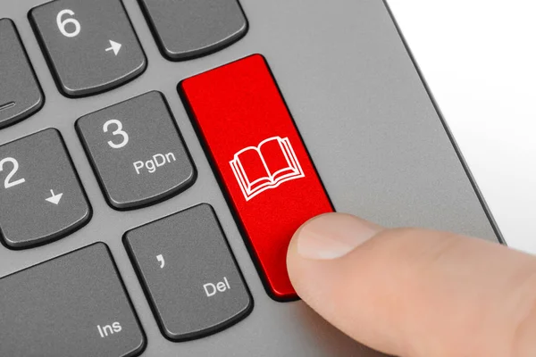 Teclado Del Ordenador Con Tecla Libro Educación Fondo — Foto de Stock