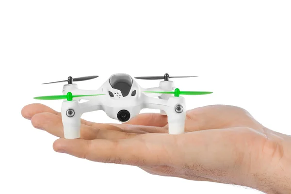 Drone Στο Χέρι Απομονώνονται Λευκό Φόντο — Φωτογραφία Αρχείου