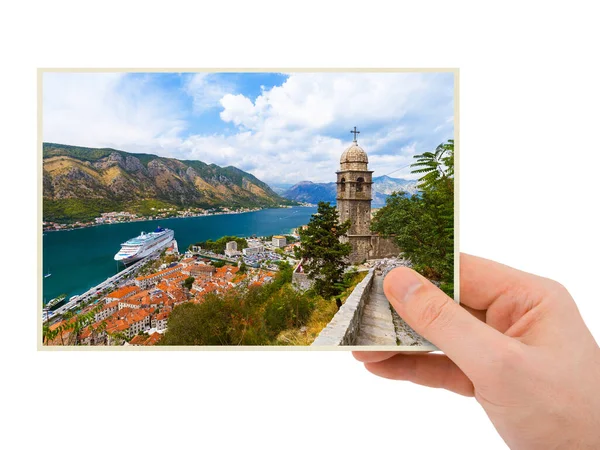 Hand Och Kotor Bay Bild Montenegro Mitt Foto Isolerad Vit — Stockfoto