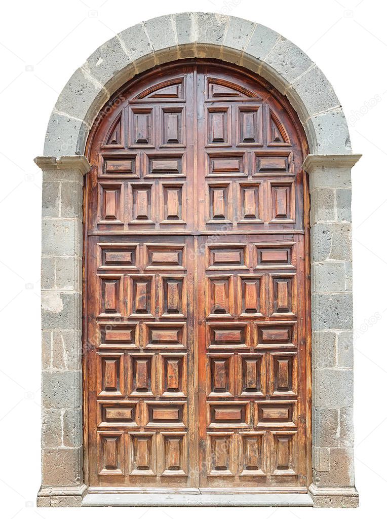 Old wooden arch door isolated on white background.