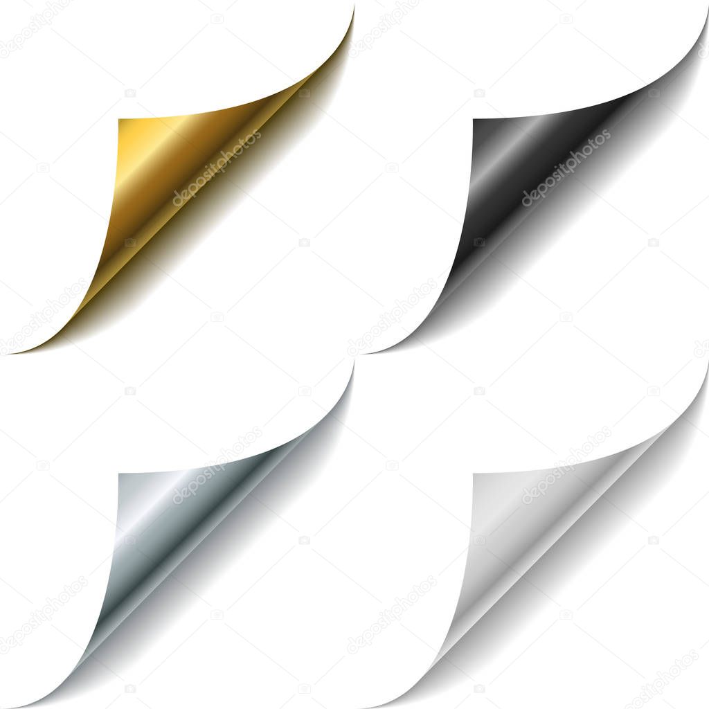 Gold, metal, black and white page corner curls vector template.