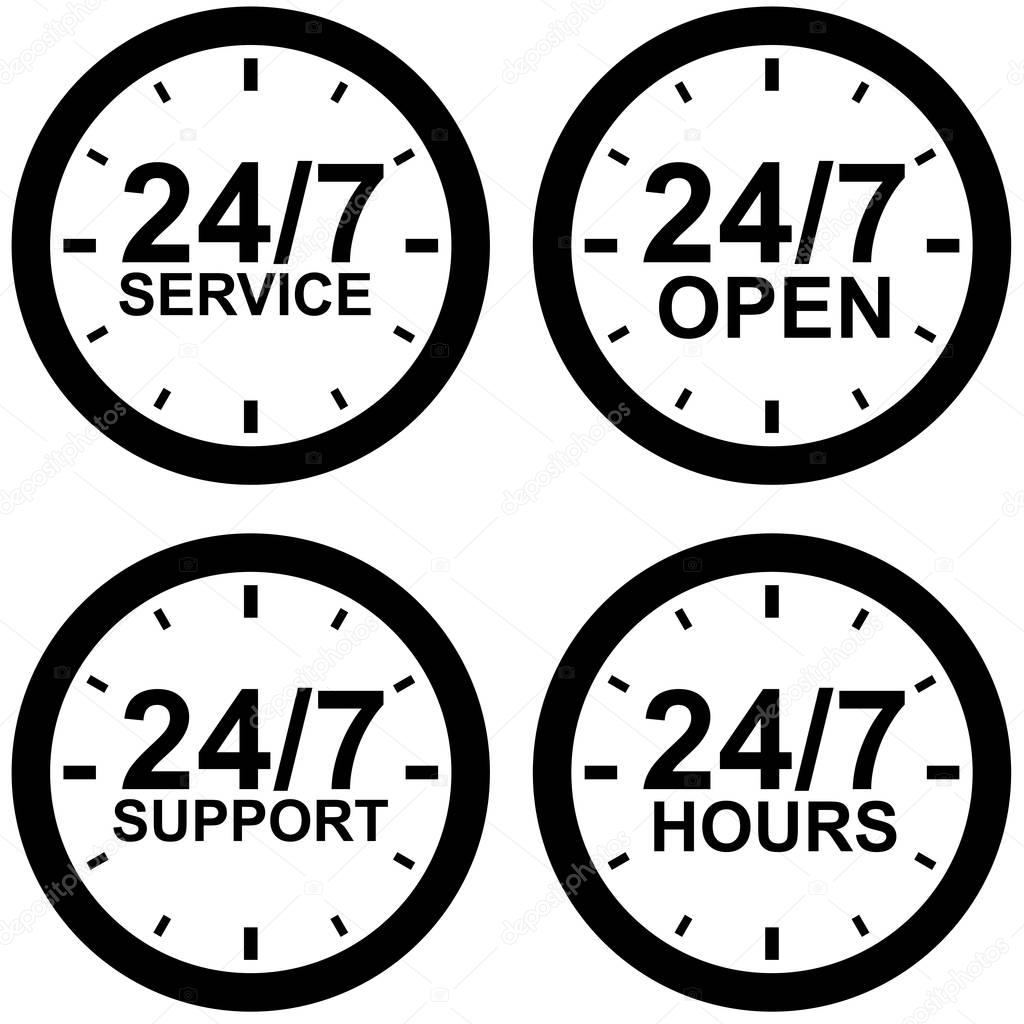 Around-the-clock operating hours black and white vector sign