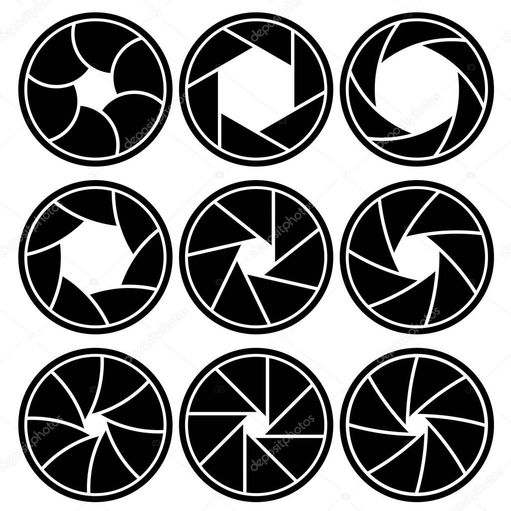 Lens aperture blades vector shapes isolated on white background.