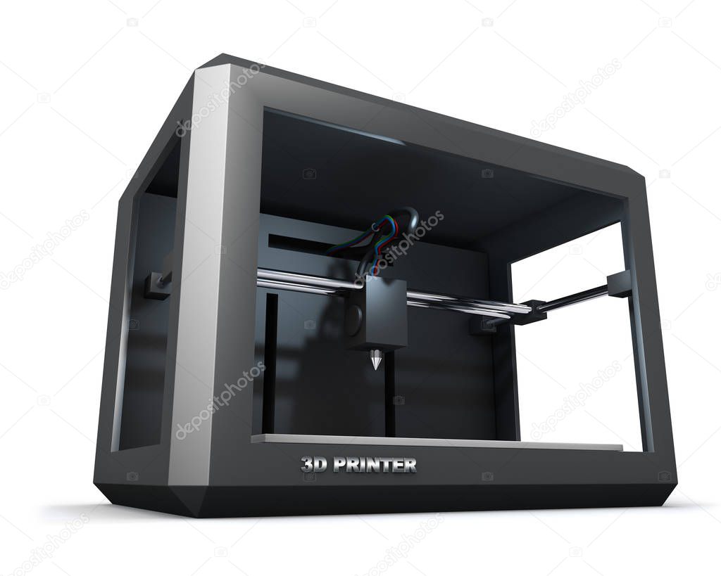 Modern 3D printer isolated on white background.