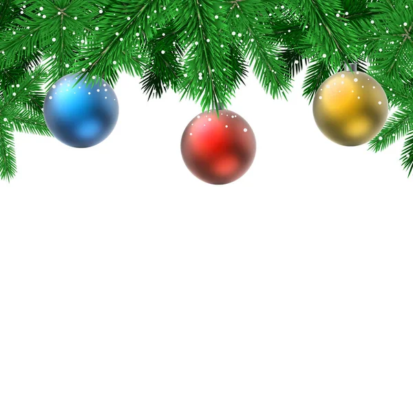 Ramos de abeto com bolas de decoração penduradas cartão de Natal com w — Vetor de Stock