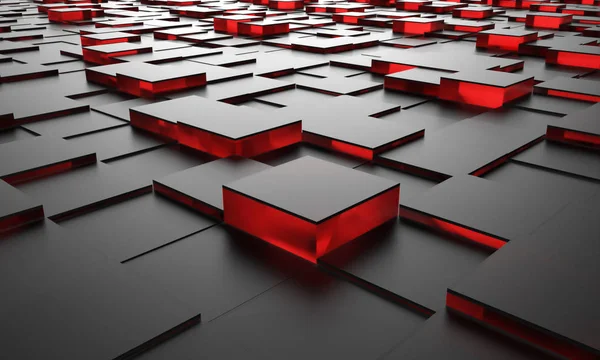Svarta kuber med rött glas core 3d-rendering — Stockfoto