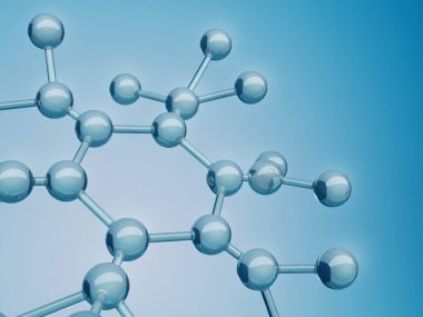 Soyut atomik yapı 3d render. Mavi cam moleküler yapısı arka plan. 
