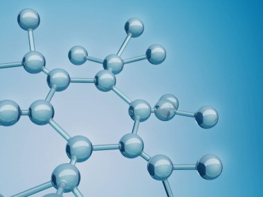 Soyut atomik yapı 3d render. Mavi cam moleküler yapısı arka plan. 