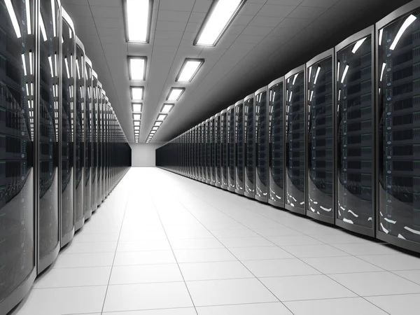 Modernes Rechenzentrum mit technologischem Hintergrund für Serverschränke. — Stockfoto