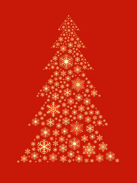 Christmas tree shape made of golden snowflakes on red background — Stock Vector