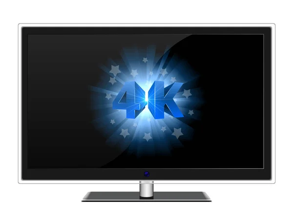 Modern widescreen TV with blue 4K sign on black screen vector te — Stock Vector