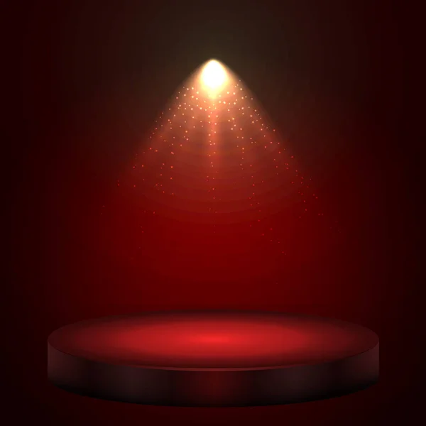 Rouge illuminé avec projecteur scène avec podium rond — Image vectorielle
