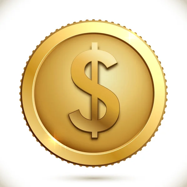 Moneda de oro con signo de dólar sobre fondo blanco . — Vector de stock