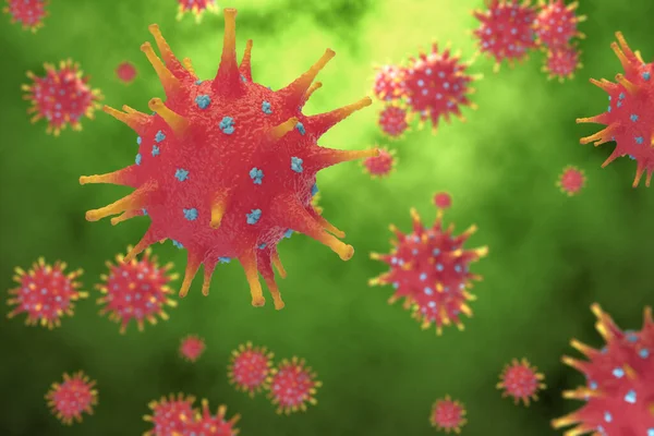 概要ウイルスイラスト背景 Covid 19緑の背景にウイルスエージェント 3Dイラスト — ストック写真
