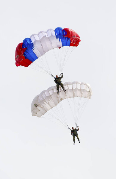 Russian paratroopers demobilized with a flag walking during the Feast of Russian Air Assault Troops