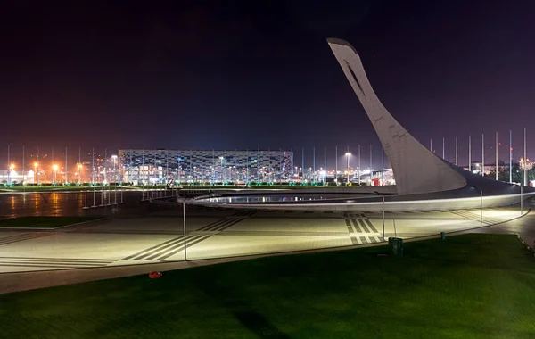 Sochi park. Singing fountains in the Olympic Park. Olympic flame. — Stock Photo, Image