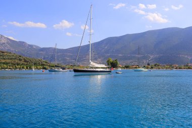 Adanın yakınına demirlemiş yelkenli yatlar