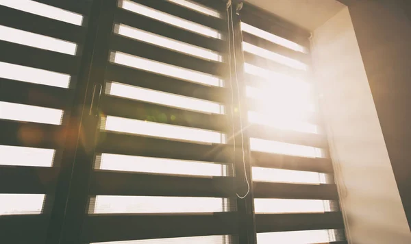 Sunlight enters the room through the blinds