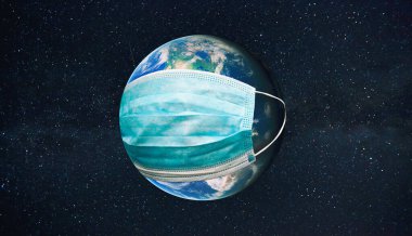 Dünya gezegeni uzayda koruyucu bir maske takıyor. Karantina kavramı, virüslerden ve salgınlardan korunma. Bu görüntünün elementleri Nasa tarafından döşenmiştir