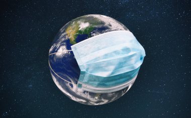 Dünya gezegeni uzayda koruyucu bir maske takıyor. Karantina kavramı, virüslerden ve salgınlardan korunma. Bu görüntünün elementleri Nasa tarafından döşenmiştir