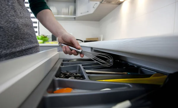 Woman Taking Kitchen Equipment Shelf Kitchenware — Stock Photo, Image