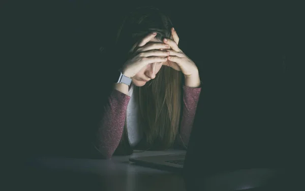 Very Tired Exhausted Woman Holds Her Head Hands Sitting Laptop — Stock Photo, Image