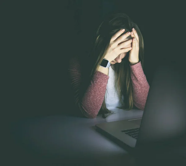 Very Tired Exhausted Woman Holds Her Head Hands Sitting Laptop — Stock Photo, Image