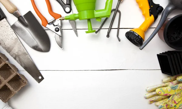 Lot Different Garden Equipment Wooden Table — Stock Photo, Image