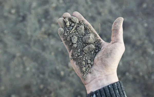 Man Houdt Zeer Droge Grond Zijn Handpalm Concept Van Bodemerosie — Stockfoto