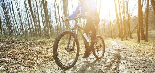 初春的时候 骑自行车的人骑着山地车在森林里的土路上走着 — 图库照片
