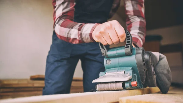 Carpenter Process Wood Belt Sander — Stock Photo, Image