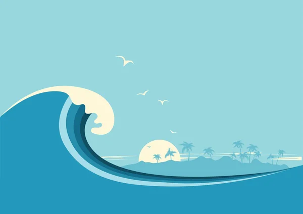 Gran ola oceánica e isla tropical.Vector fondo azul — Vector de stock