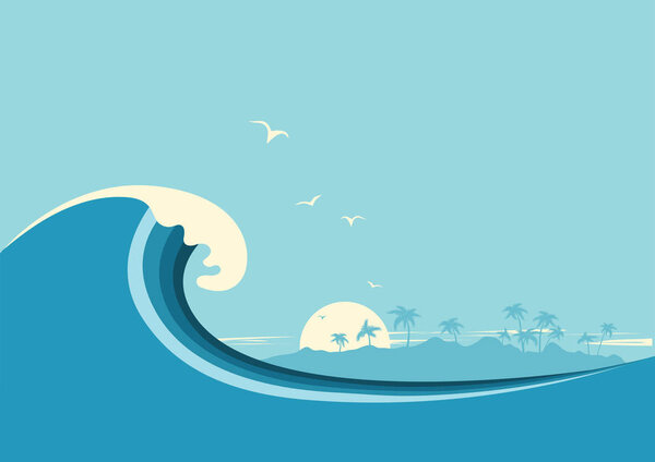 Big ocean wave and tropical island.Vector blue background