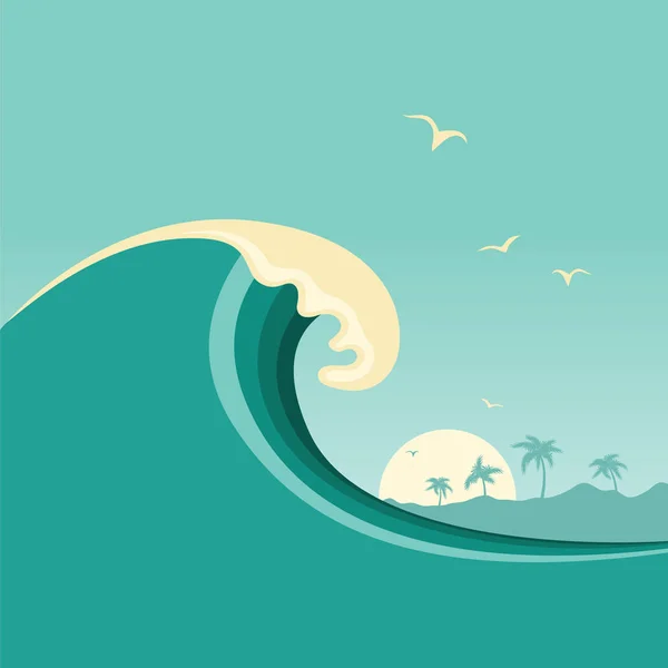 Big ocean wave and tropical island.Vector poster background — Stock Vector