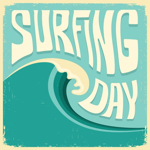 Plakat surfing z big blue ocean fala i tekst — Wektor stockowy
