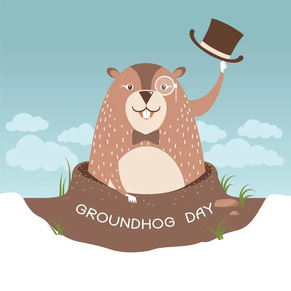 Ілюстрація дня Groundhog з щасливим мармотом у капелюсі — стоковий вектор