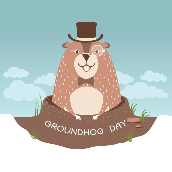 Happy Groundhog day illustration with cute marmot in gentleman h — Stock Vector