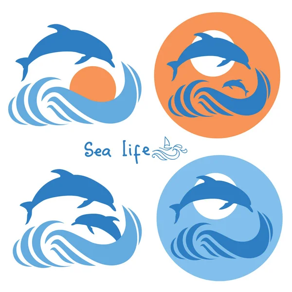 Delfiner hoppa i havet. Vektor logotypen isolerad på vit — Stock vektor