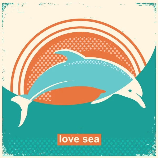 Dolphin jumping in sea.Vector vintage illustration on old textur — Stock Vector