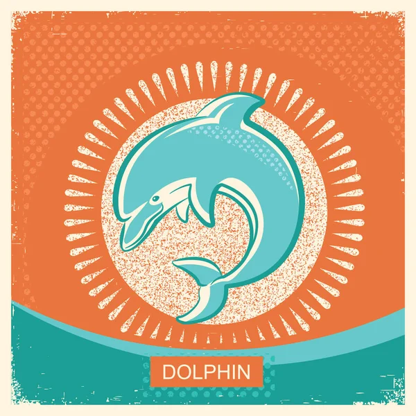 Dolphin symbol retro poster with blue sea wave on old paper back — Stock Vector