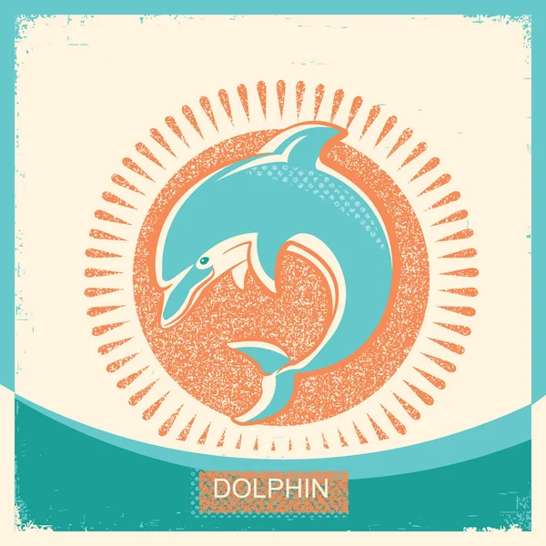 Dolphin symbol retro affisch med blått hav våg på gamla papper text — Stock vektor