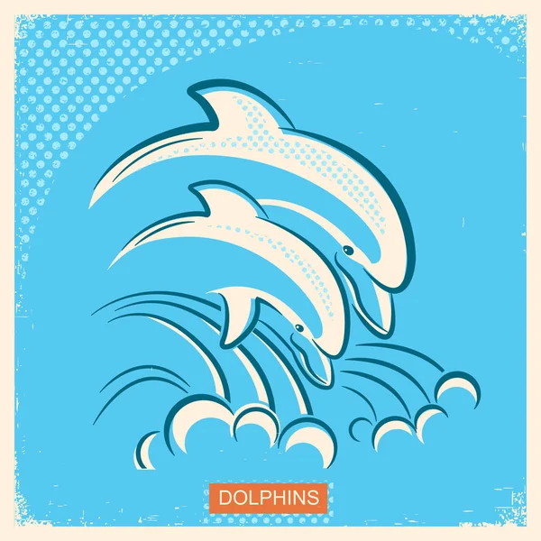 Dos delfines. Ilustración retro vectorial de padre y bebé underw — Archivo Imágenes Vectoriales