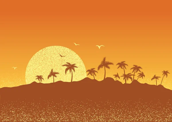 Ilha tropical com palmas e sun.Vector poster pôr do sol —  Vetores de Stock