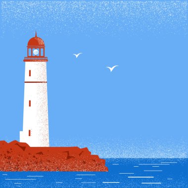 Deniz feneri deniz manzarası ufuk. Vektör çizim