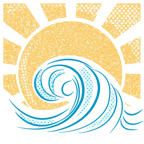 Vintage sea waves and sun. Vector illustration of sea landscape — Stock Vector