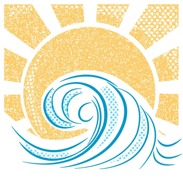 ヴィンテージ海の波と太陽。海の風景のベクトル イラスト — ストックベクタ
