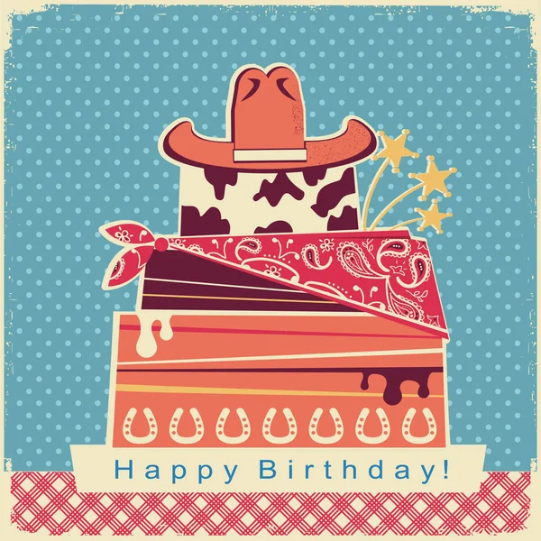 Cowboy födelsedagen partiet kort bakgrund med tårta och cowboy — Stock vektor