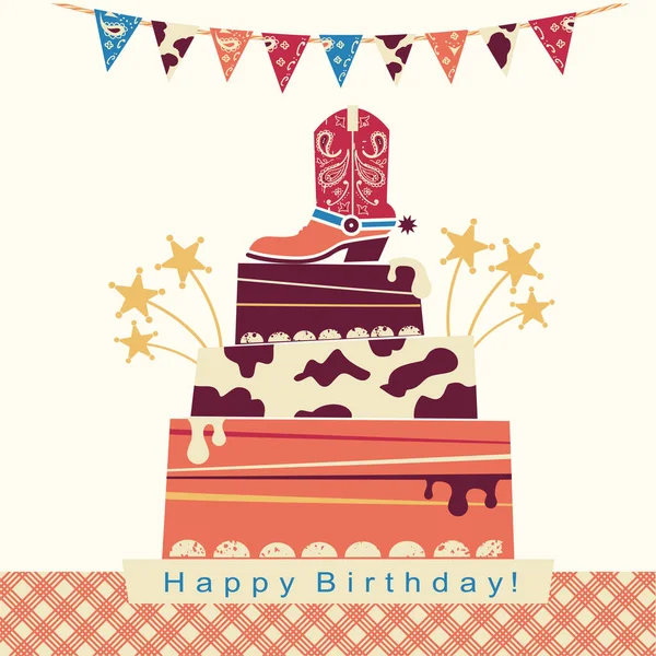 Вечірка ковбоїв з великим тортом та взуттям для ковбоїв на солодкому торті . — стоковий вектор