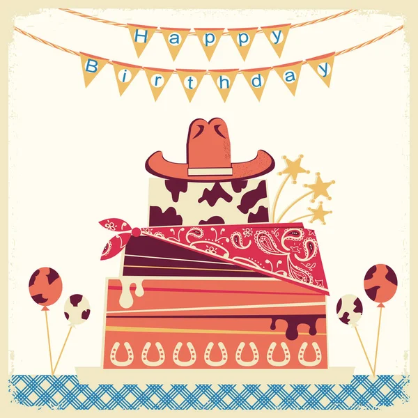 Открытка с днем рождения ковбоя с тортом и ковбойской шляпой — стоковый вектор